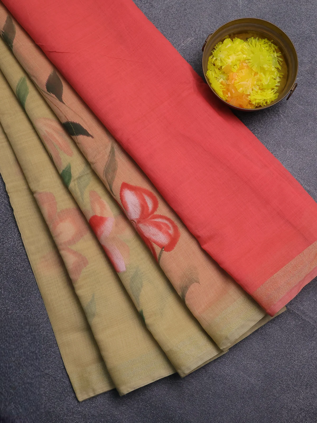 Linen Floral Hand Paint Printed Cotton Saree - Sandal and Peach Shade
